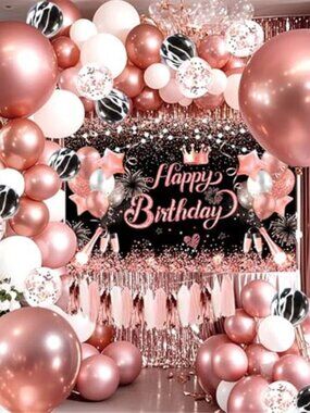 80PCS Rose Gold Birthday Balloon Set Pink Gold Party Decorations Banner Backdrop